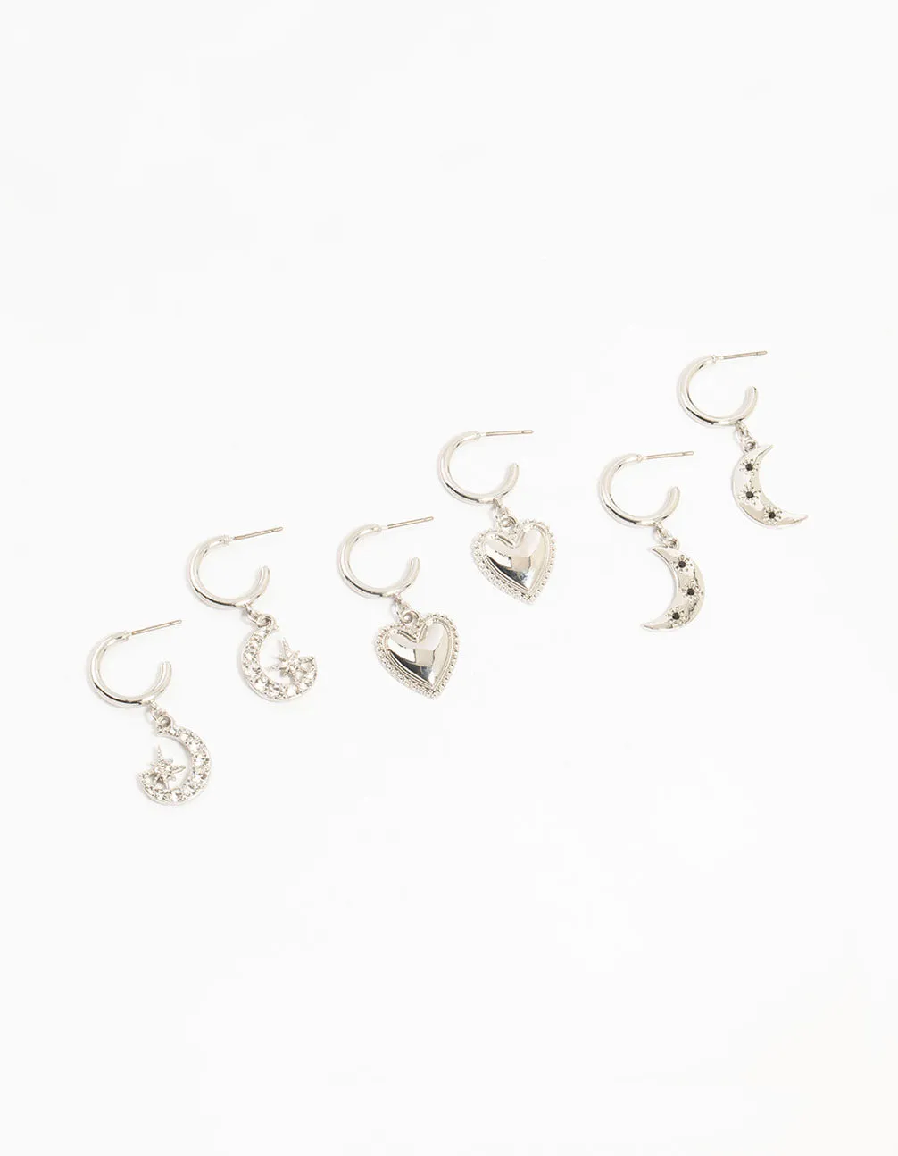 Silver Plated Heart, Moon & Star Hoop Earrings 3-Pack