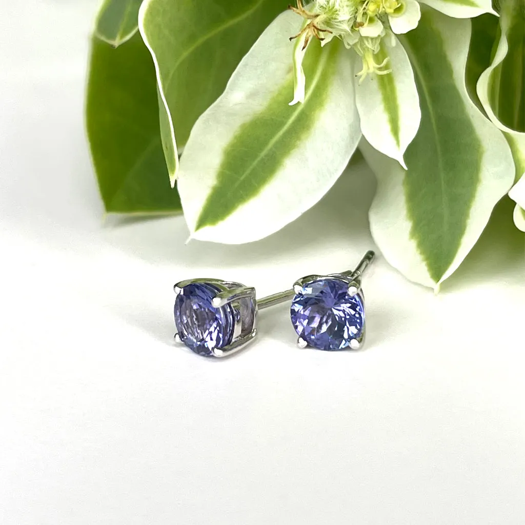 Silver Solitaire Round Cut Tanzanite Earrings