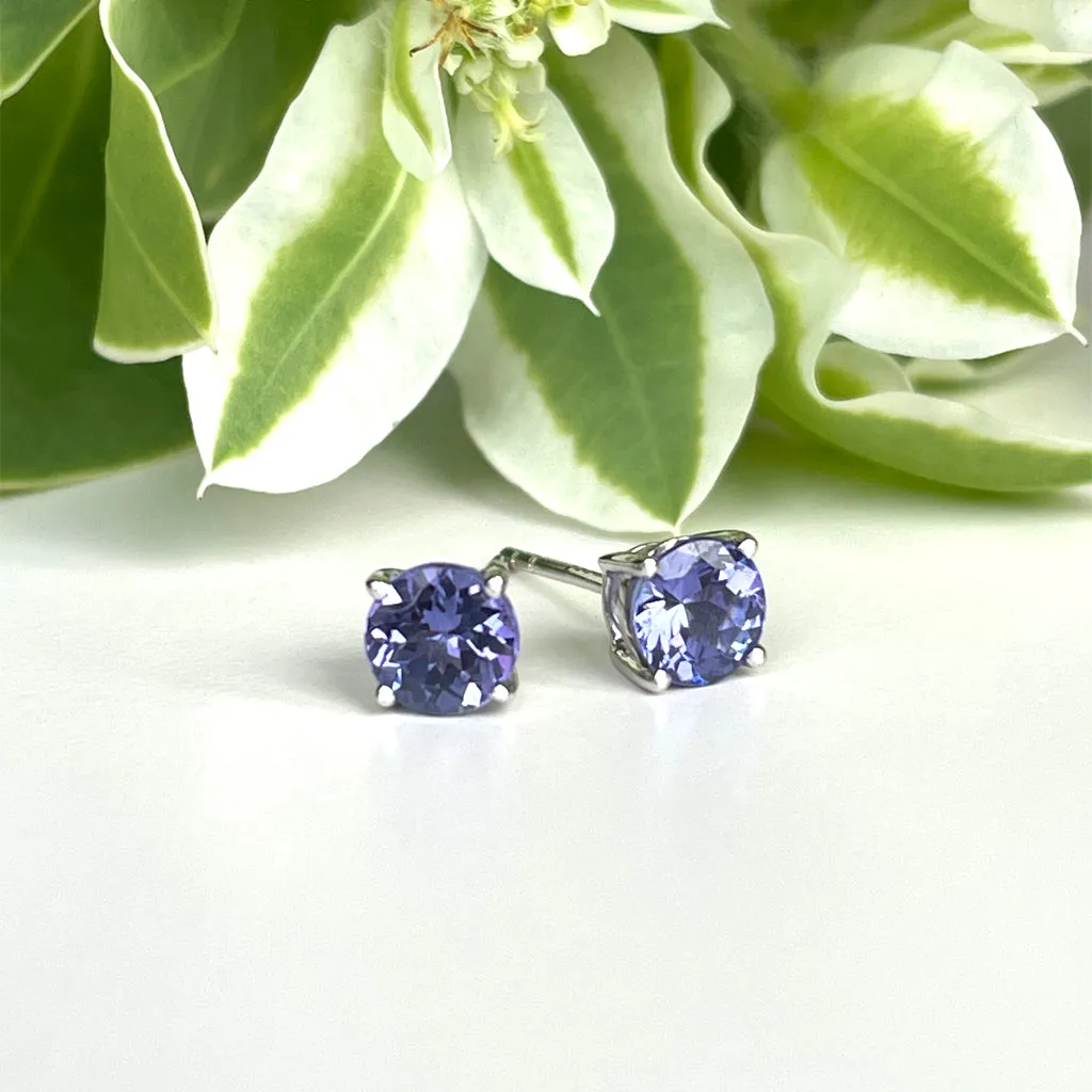 Silver Solitaire Round Cut Tanzanite Earrings