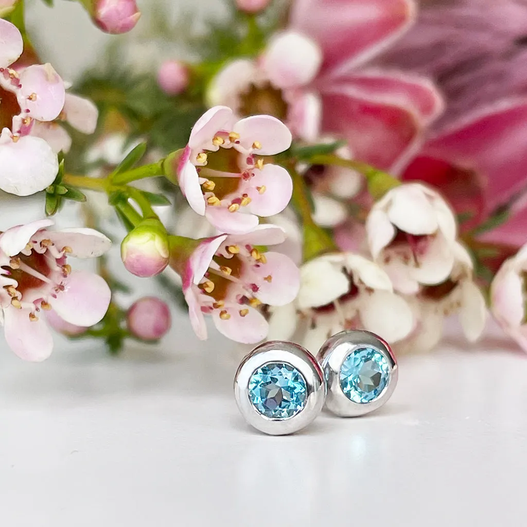 Silver Tube Set Blue Topaz Earrings