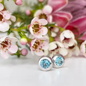 Silver Tube Set Blue Topaz Earrings
