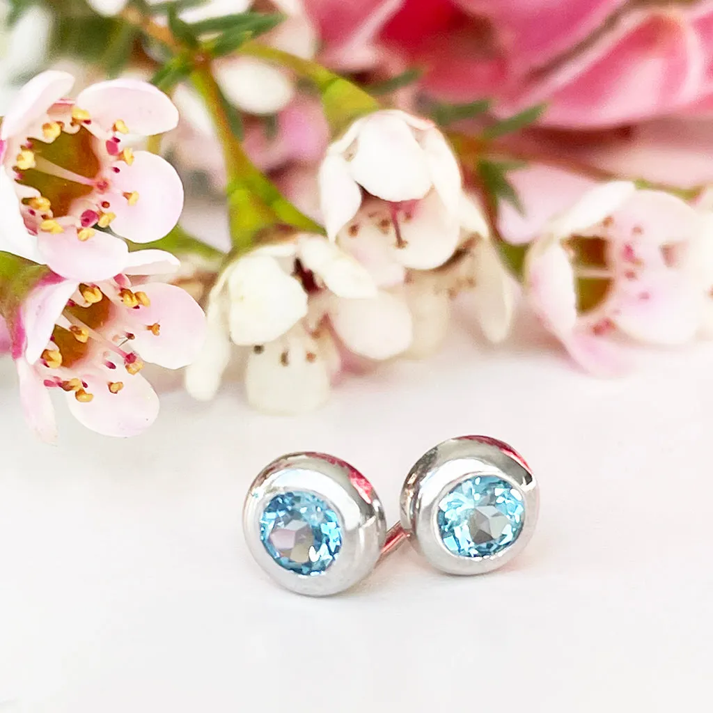 Silver Tube Set Blue Topaz Earrings