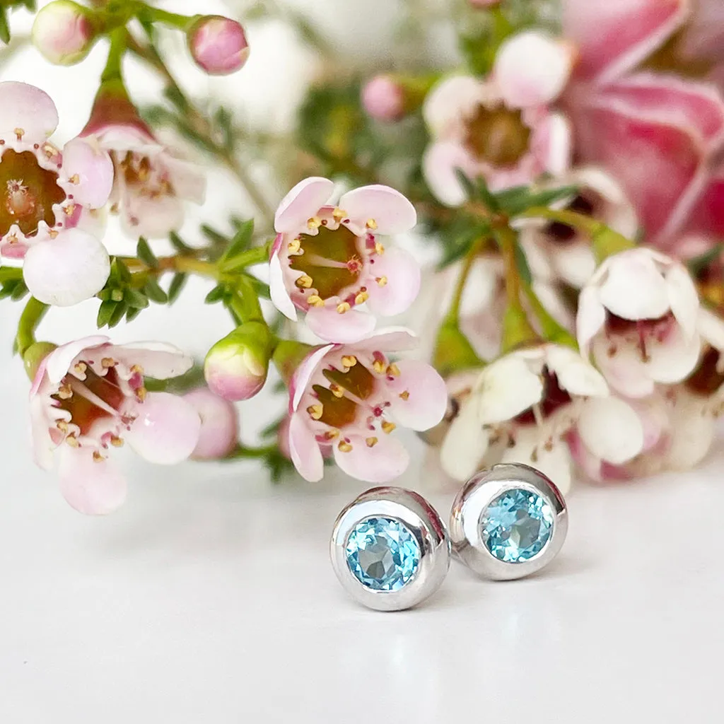 Silver Tube Set Blue Topaz Earrings