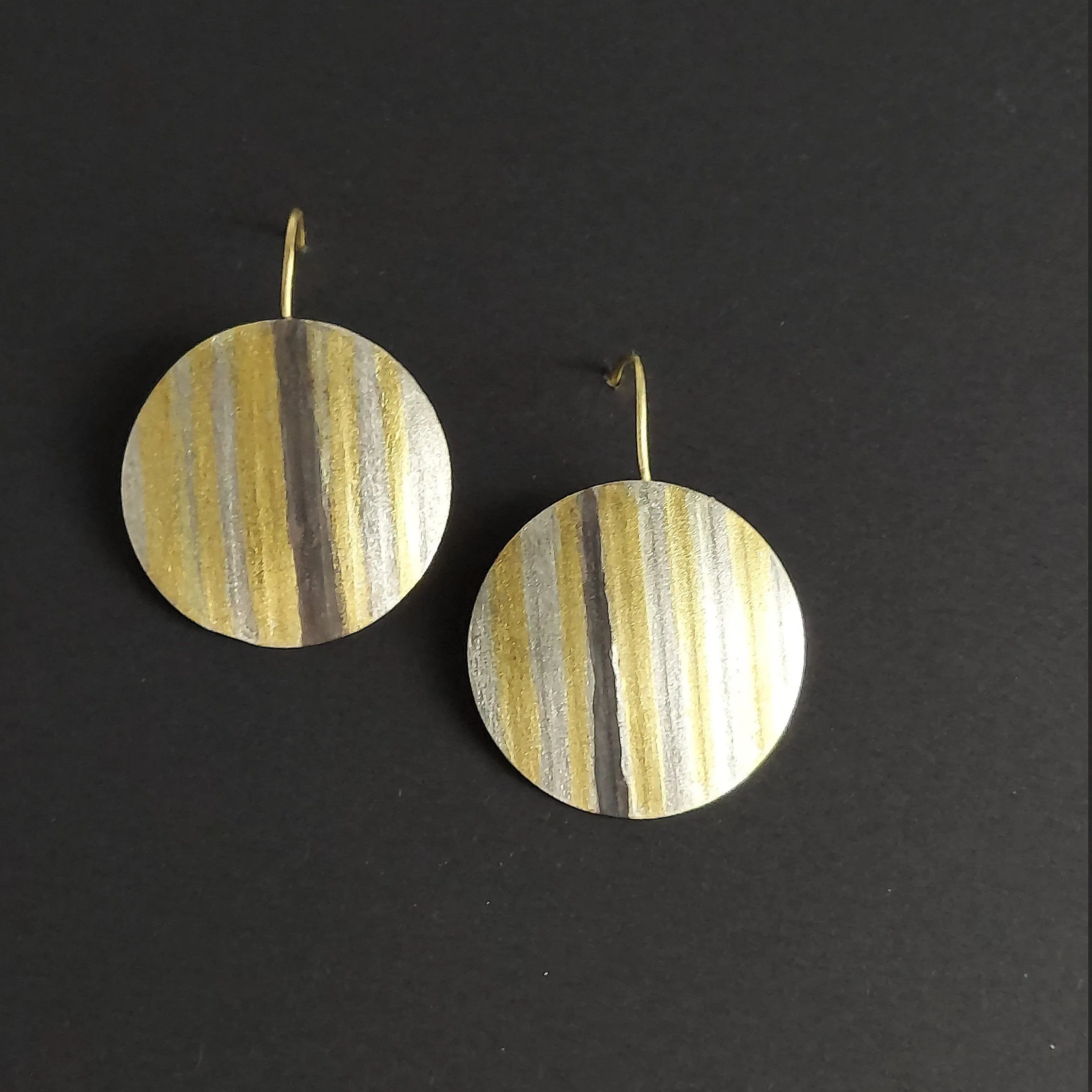 Silver,Gold and Black Patina Striped Earrings, Disk Earrings, Multi-color metal earrings