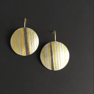 Silver,Gold and Black Patina Striped Earrings, Disk Earrings, Multi-color metal earrings