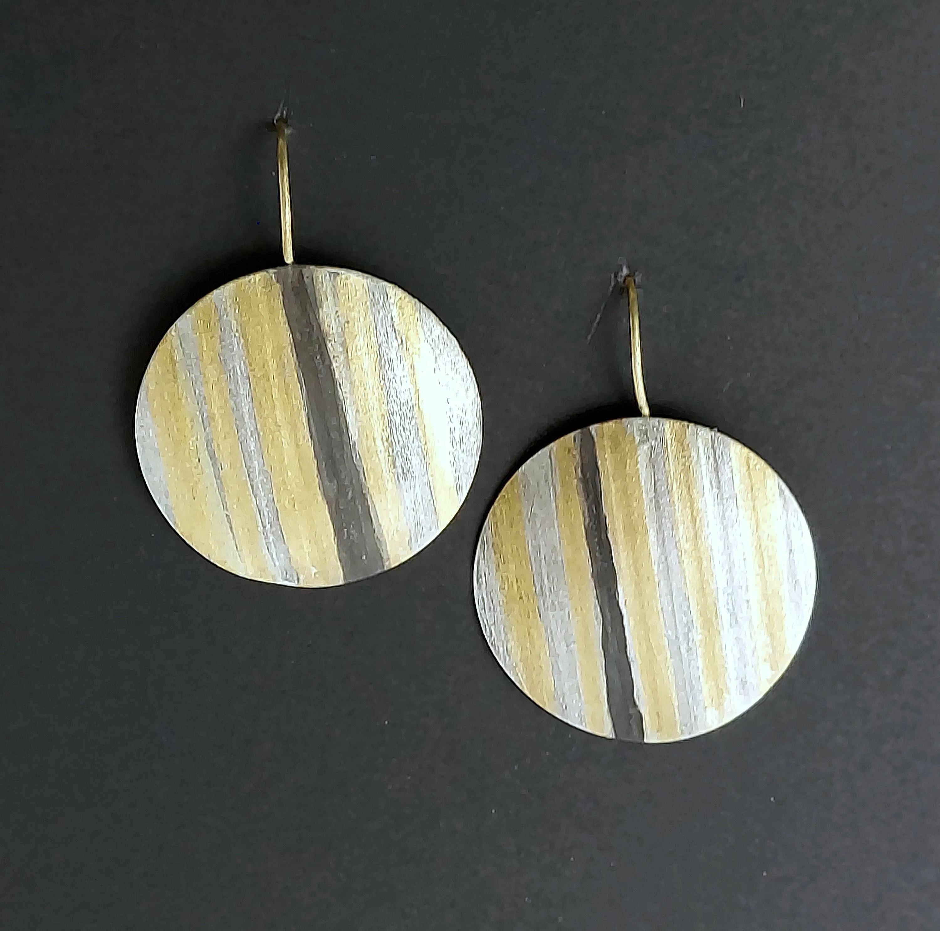 Silver,Gold and Black Patina Striped Earrings, Disk Earrings, Multi-color metal earrings
