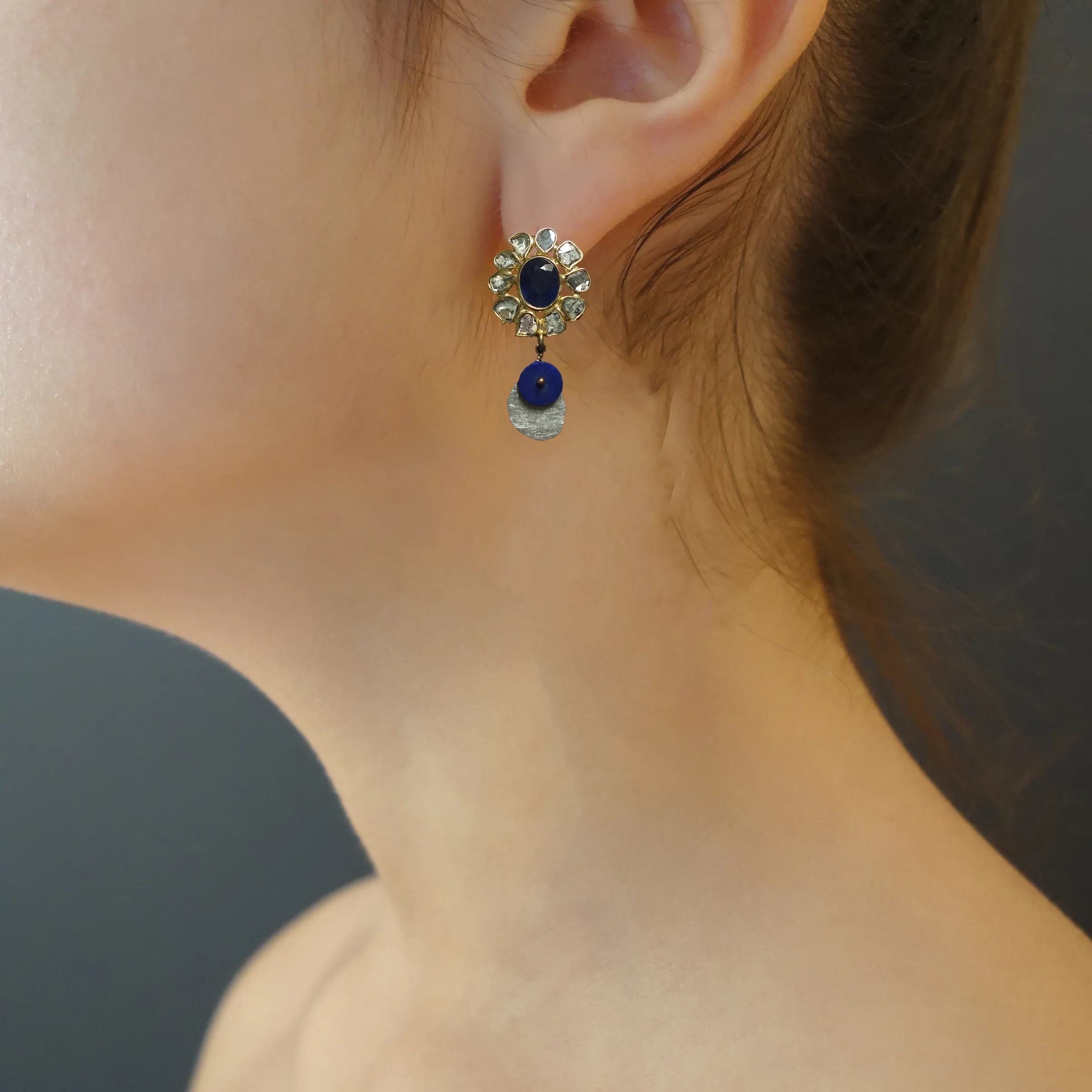 Sliced diamonds and blue sapphire earrings