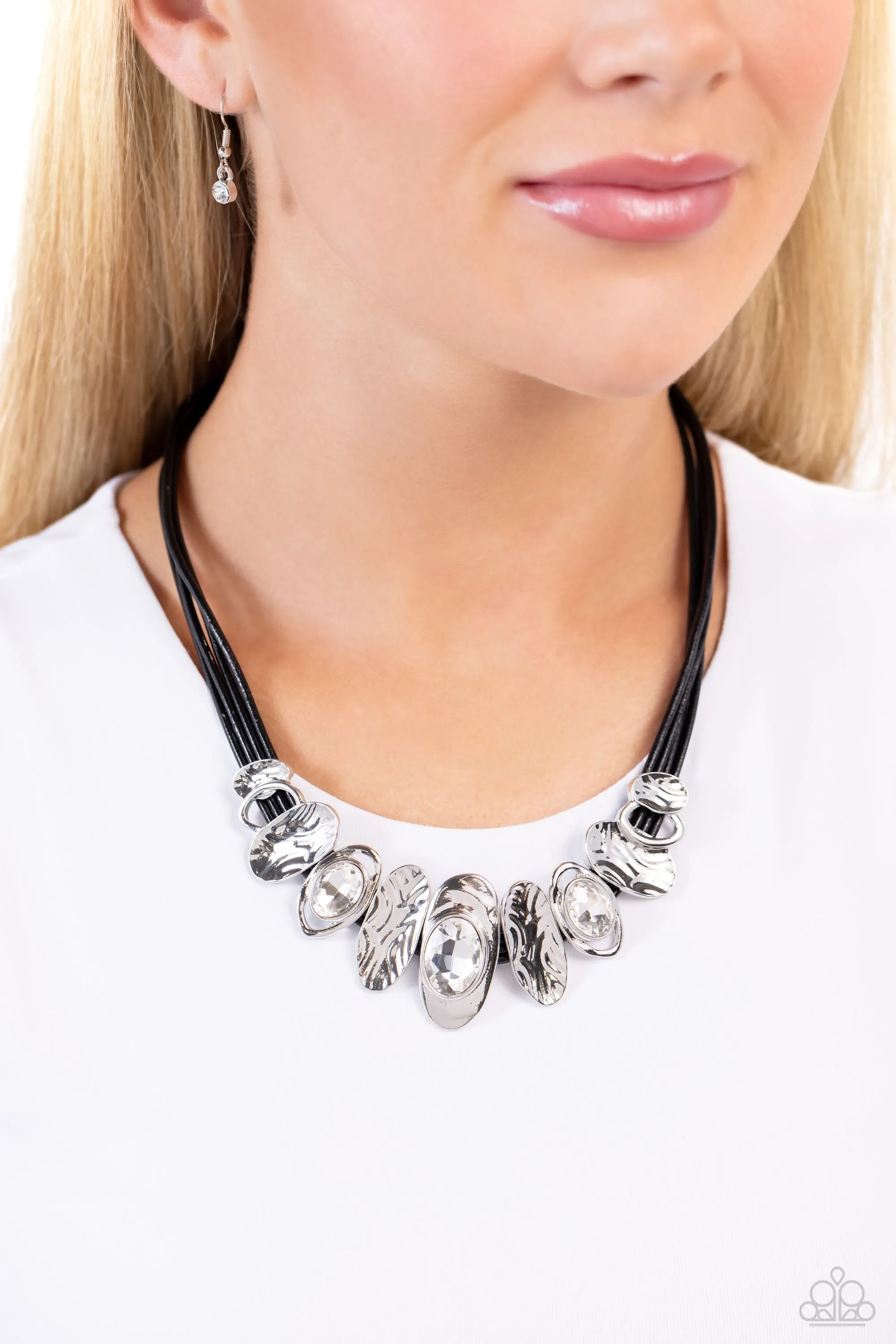 Sliding Splendor - Black - Asymmetrical Frame White Gem Black Cord Paparazzi Short Necklace