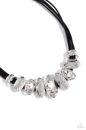 Sliding Splendor - Black - Asymmetrical Frame White Gem Black Cord Paparazzi Short Necklace
