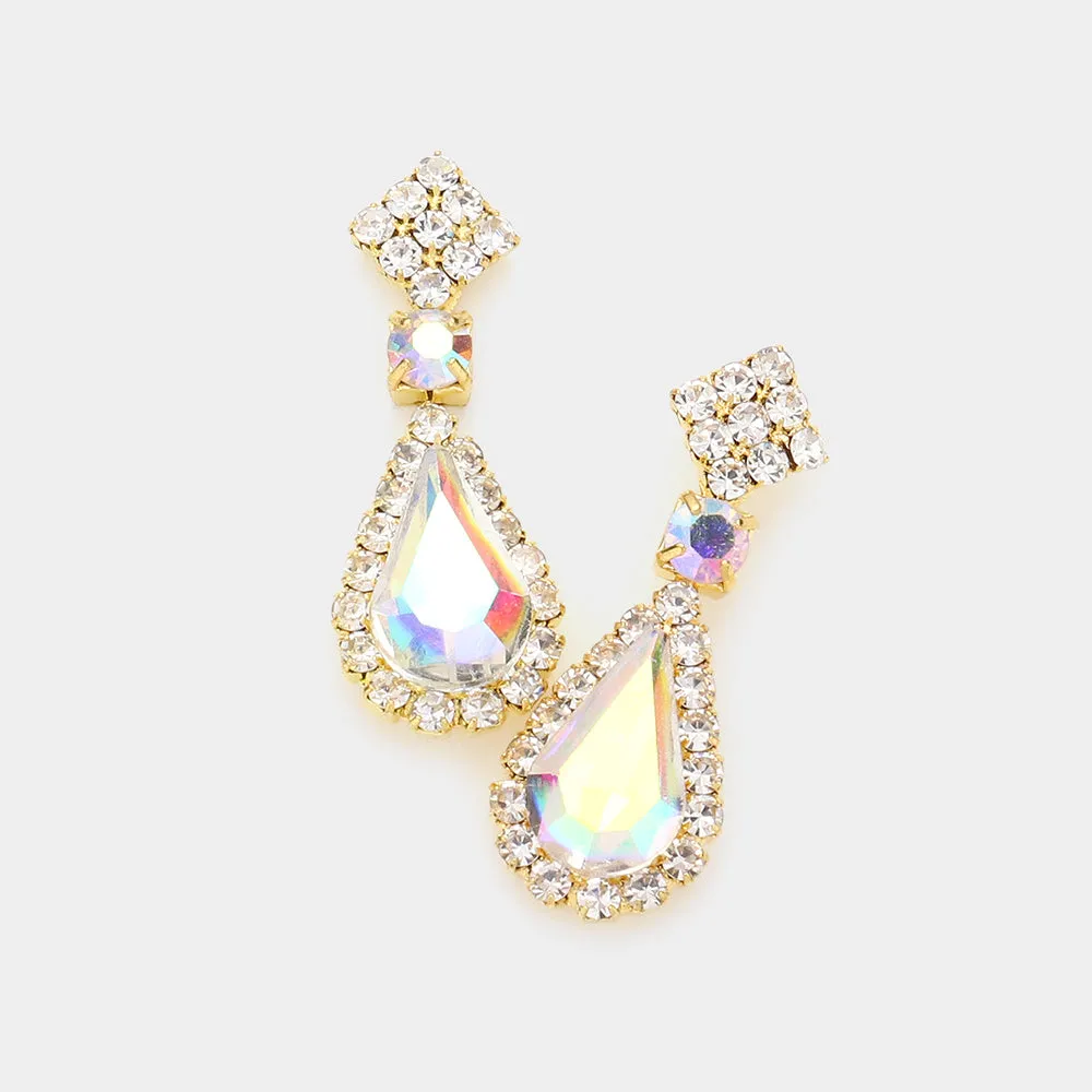 Small AB Teardrop Rhinestone Accented Dangle Earrings on Gold | Earrings for Little Girls|  585550