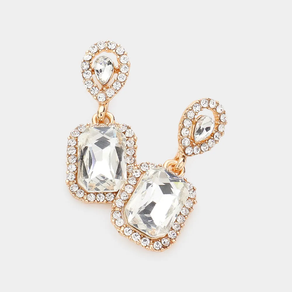 Small Square Clear Dangle Pageant Earrings on Gold| Interview Earrings | 609785