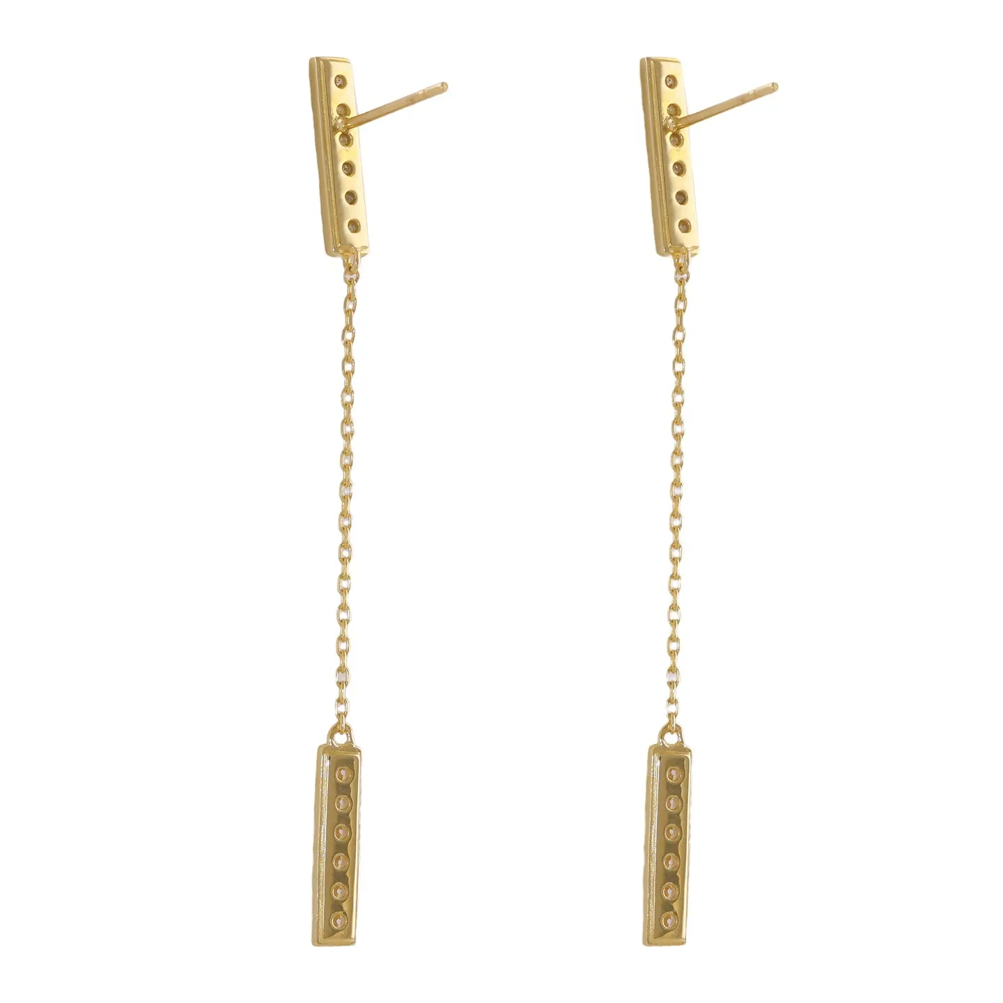 Solid 14K Gold Bar Chain Dangle CZ Earrings