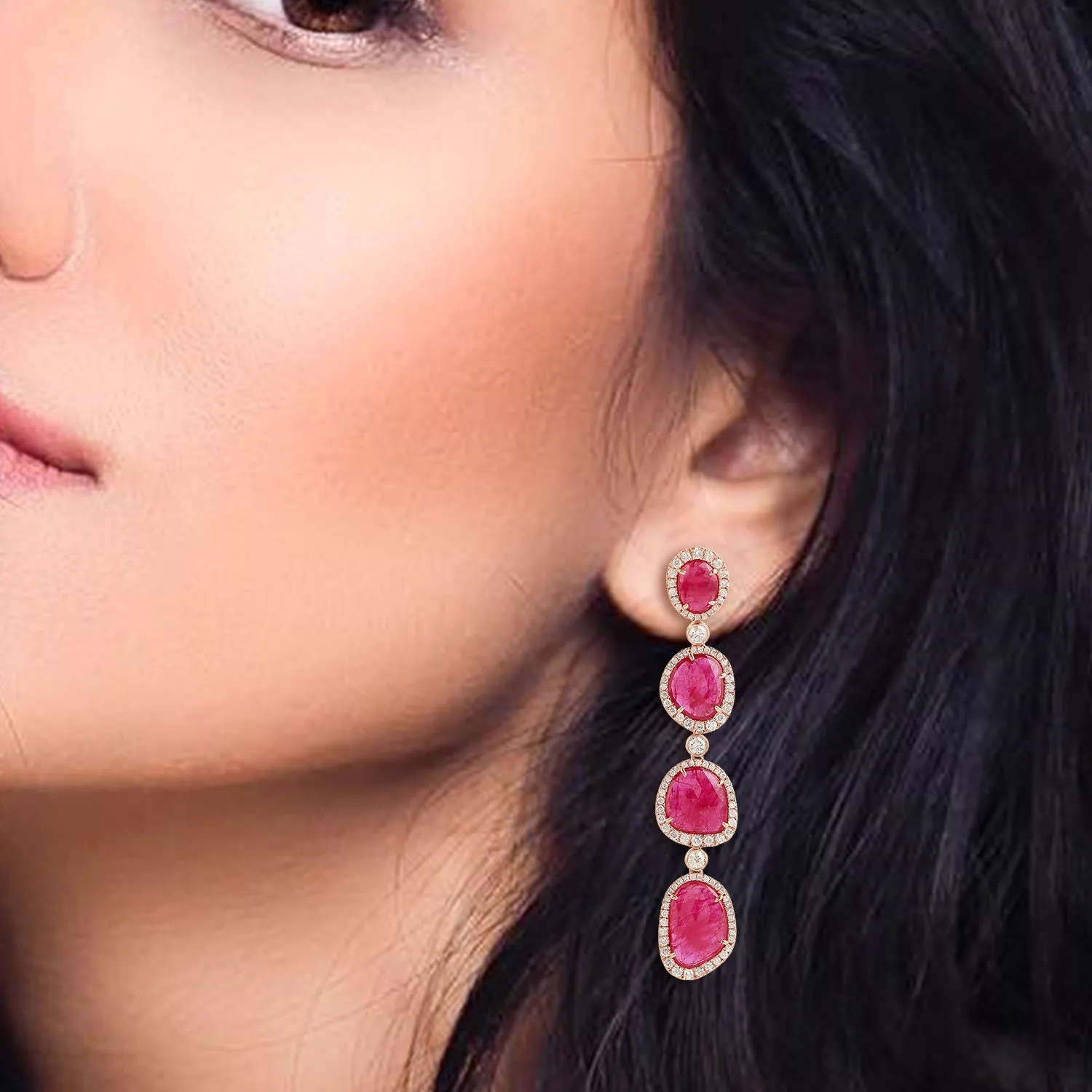 Solid 18k Rose Gold Pave Diamond Ruby July Birthstone Drop Earrings Gift For Her