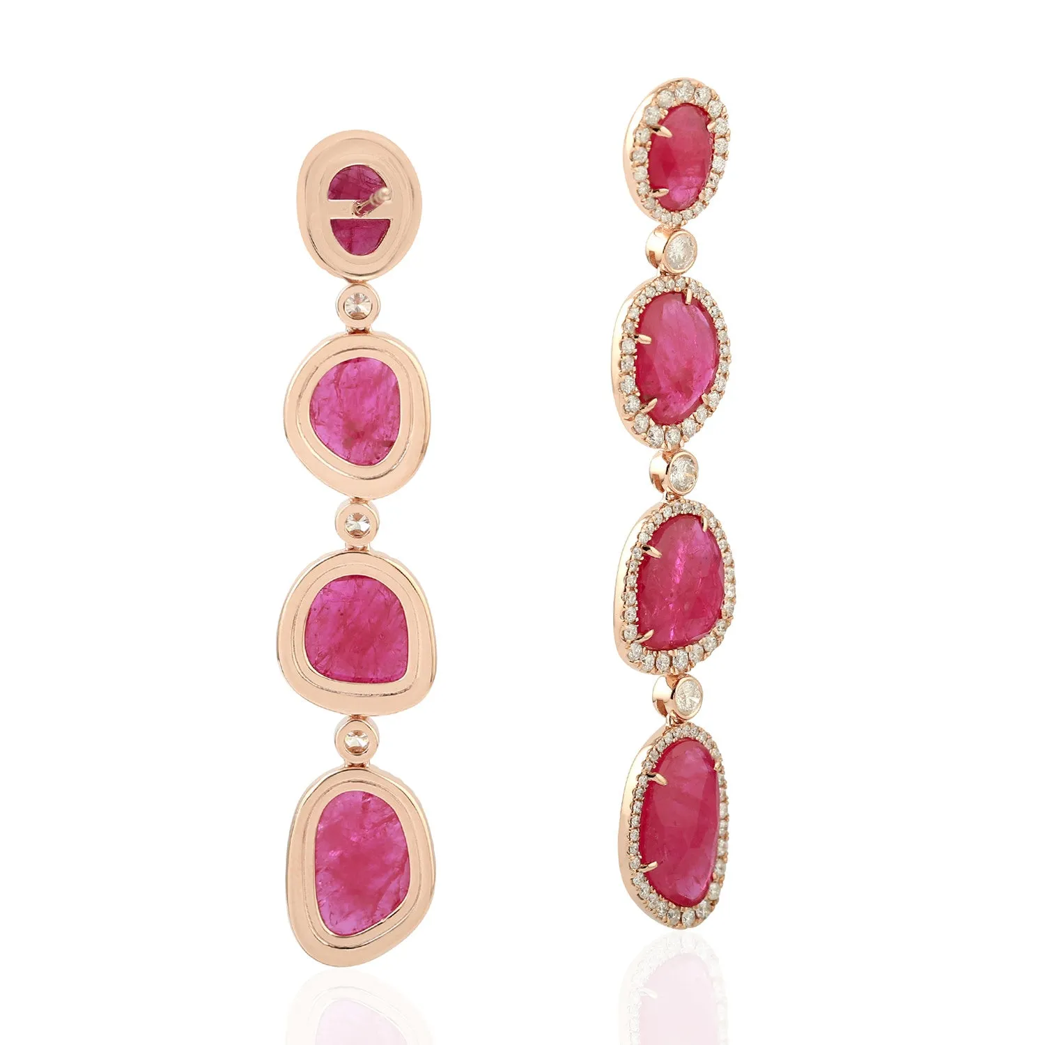 Solid 18k Rose Gold Pave Diamond Ruby July Birthstone Drop Earrings Gift For Her