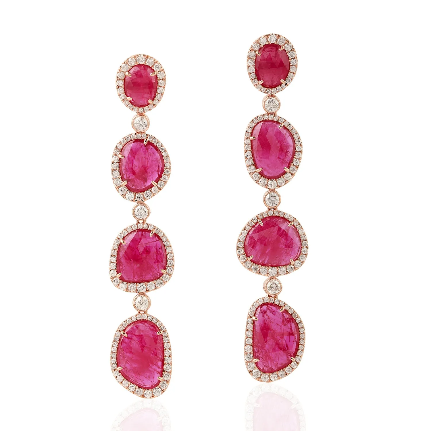 Solid 18k Rose Gold Pave Diamond Ruby July Birthstone Drop Earrings Gift For Her