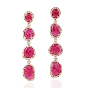 Solid 18k Rose Gold Pave Diamond Ruby July Birthstone Drop Earrings Gift For Her