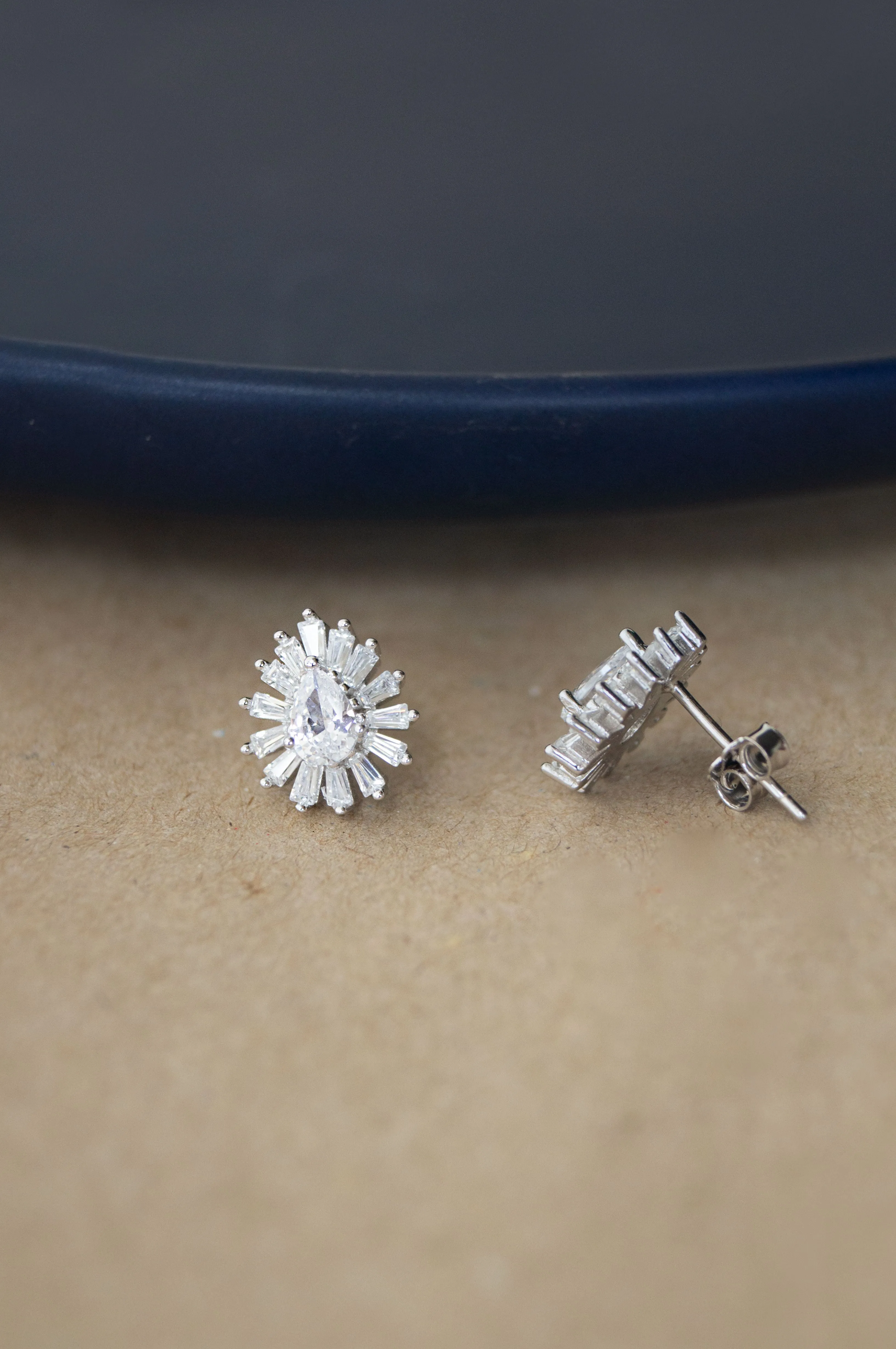 Sparkle Burst Pear Solitaire Sterling Silver Stud Earrings