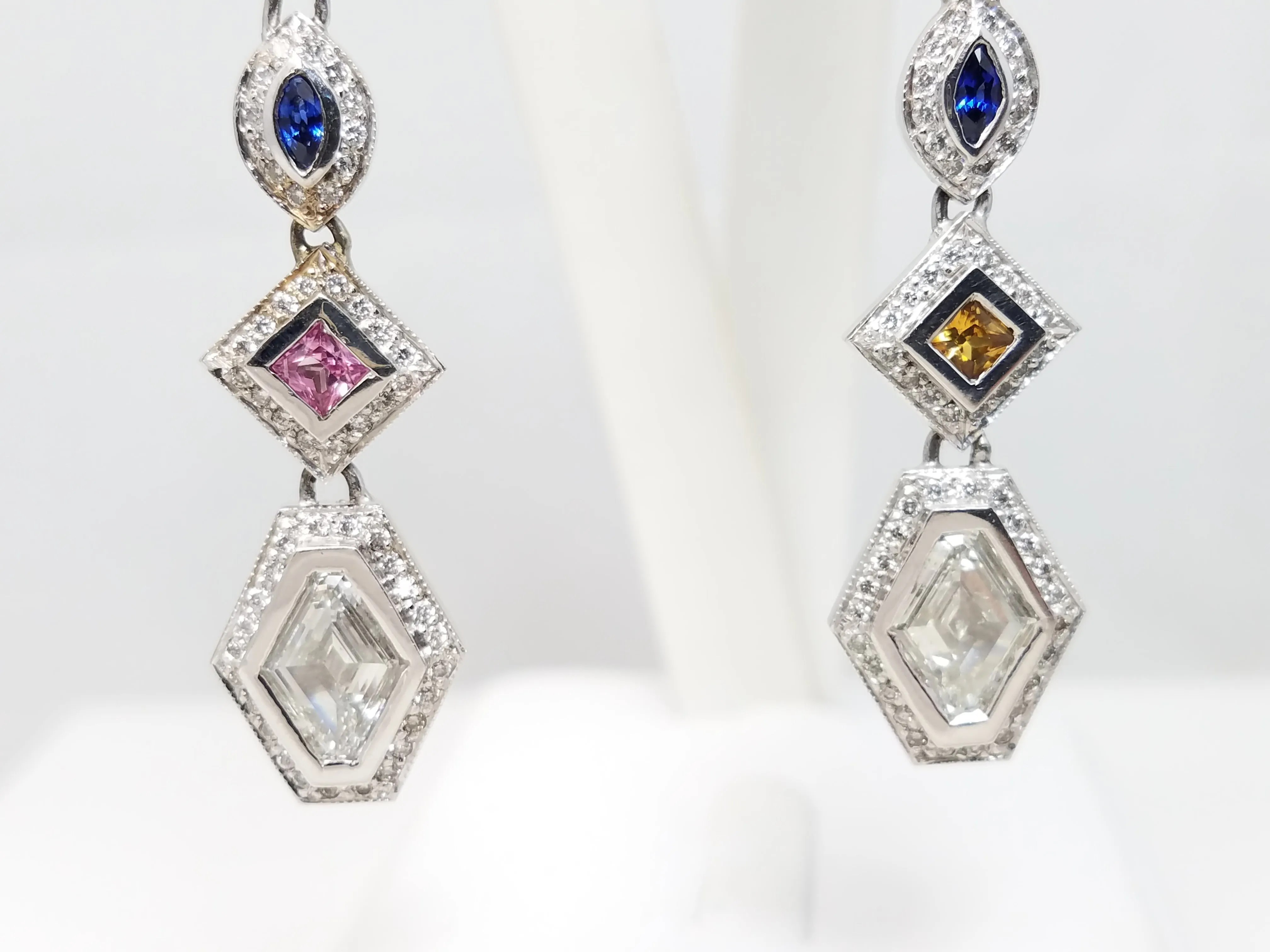 Spectacular 18k White Gold Natural Sapphire Diamond Custom Dangle Earrings