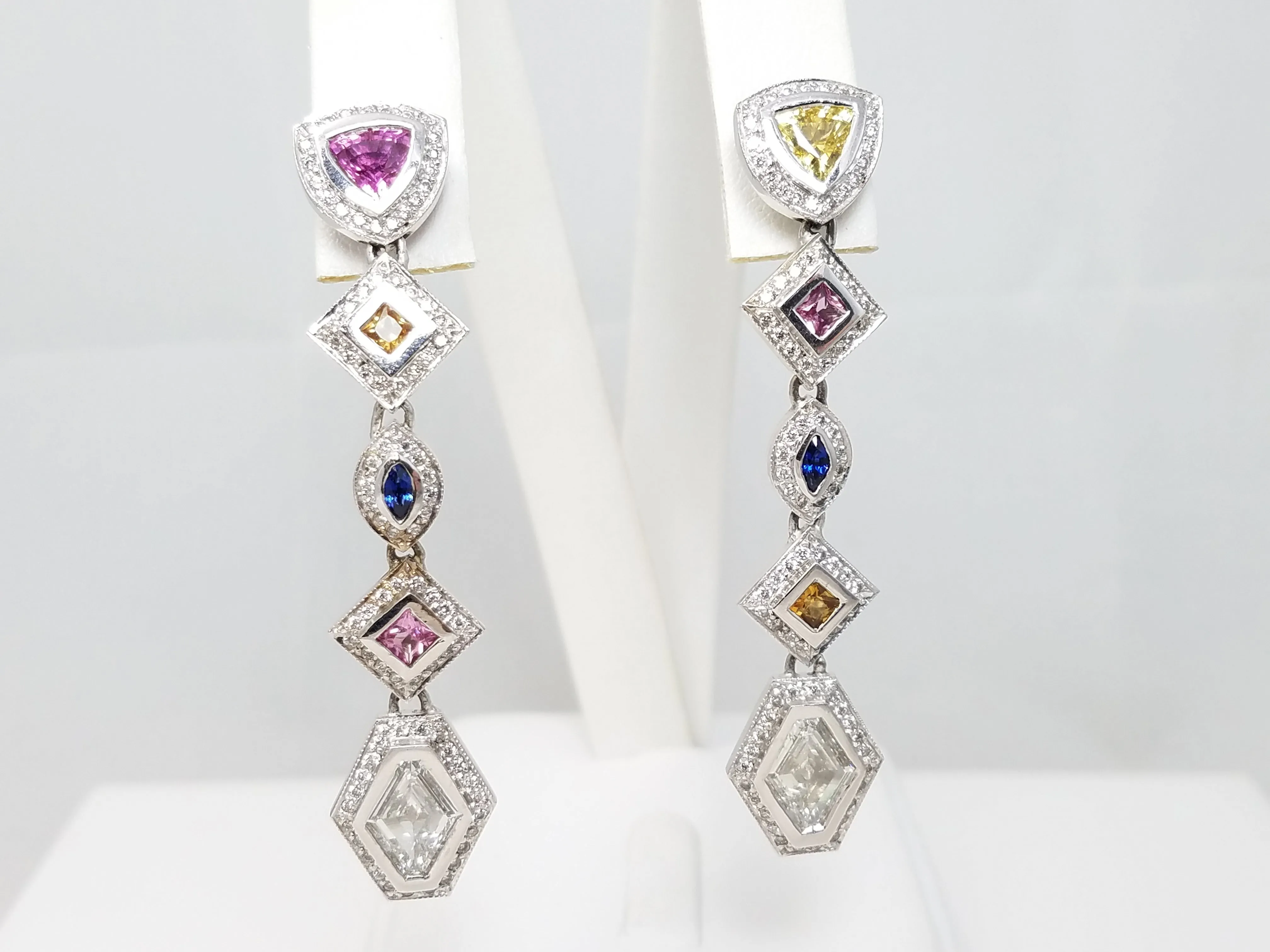 Spectacular 18k White Gold Natural Sapphire Diamond Custom Dangle Earrings