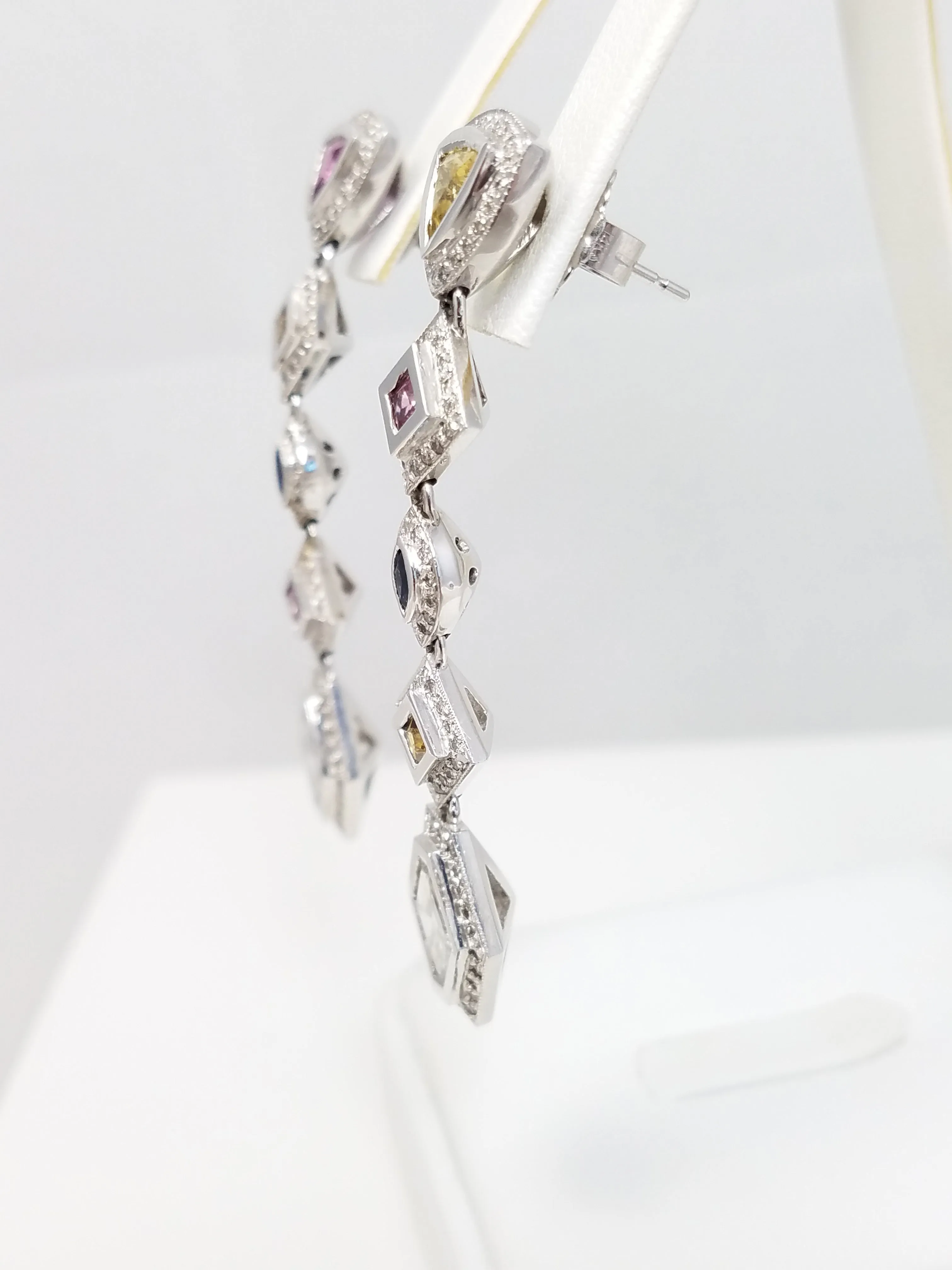 Spectacular 18k White Gold Natural Sapphire Diamond Custom Dangle Earrings