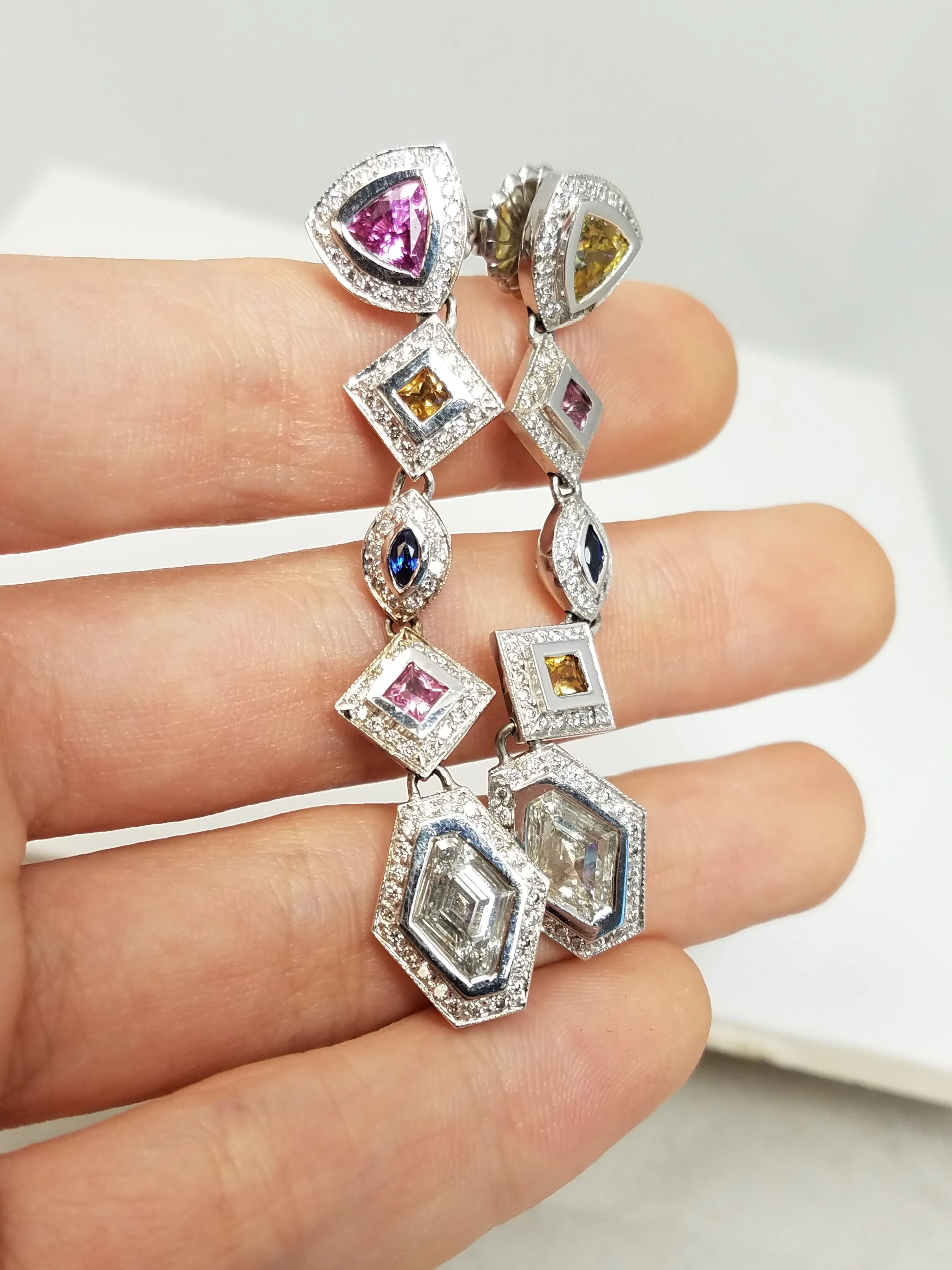 Spectacular 18k White Gold Natural Sapphire Diamond Custom Dangle Earrings