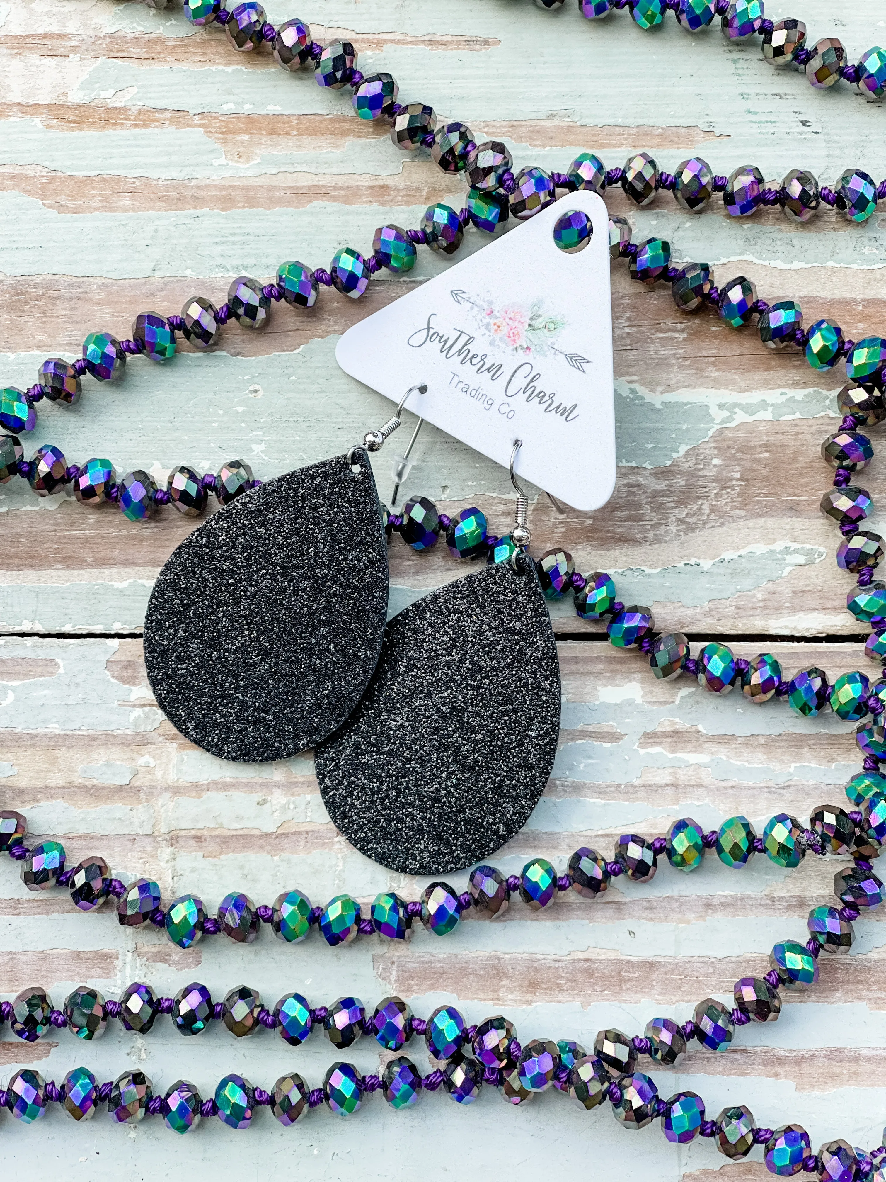 Spirit Teardrop 2.75" Earrings || Black Glitter