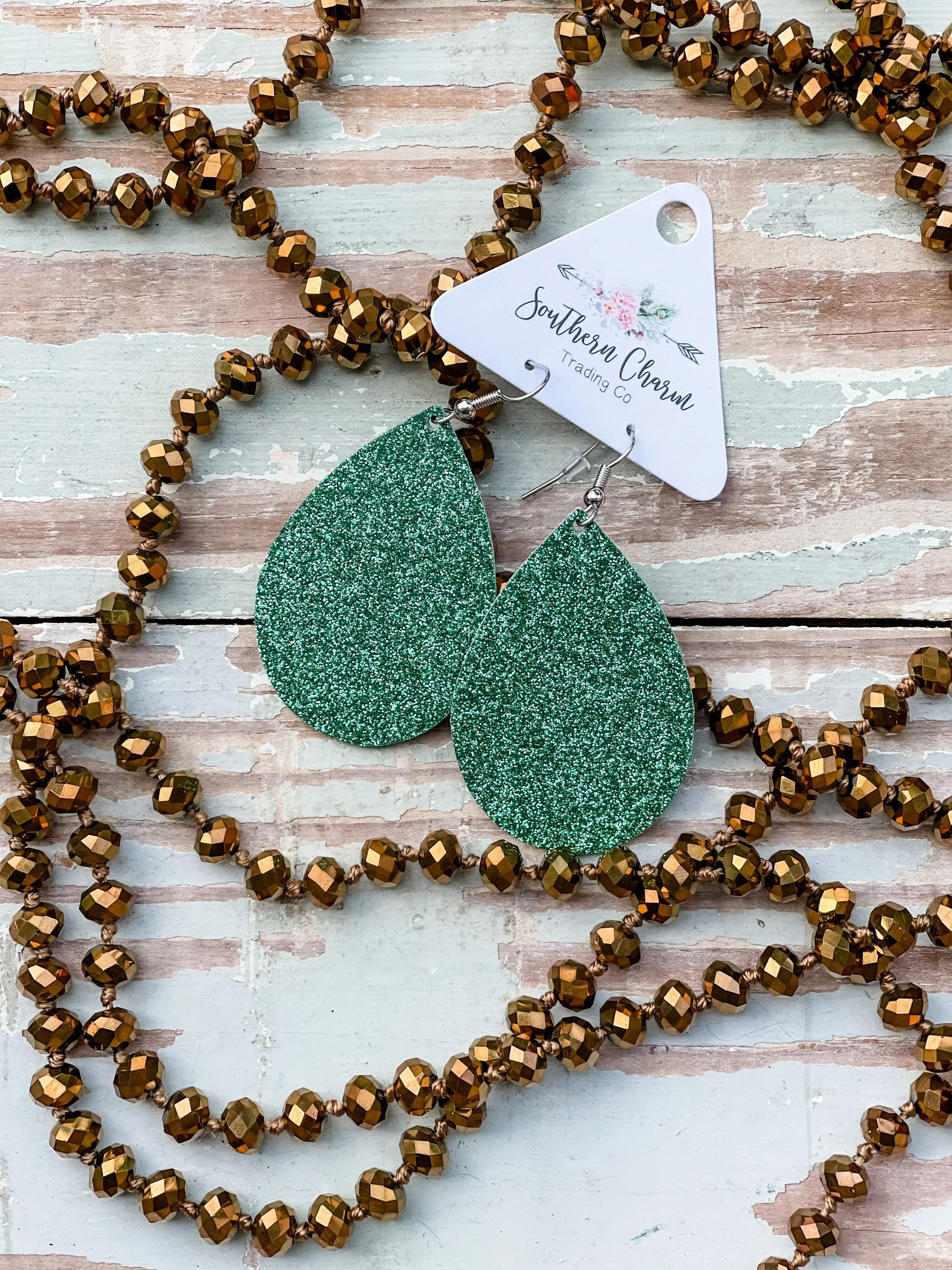 Spirit Teardrop 2" Earrings || Green Glitter
