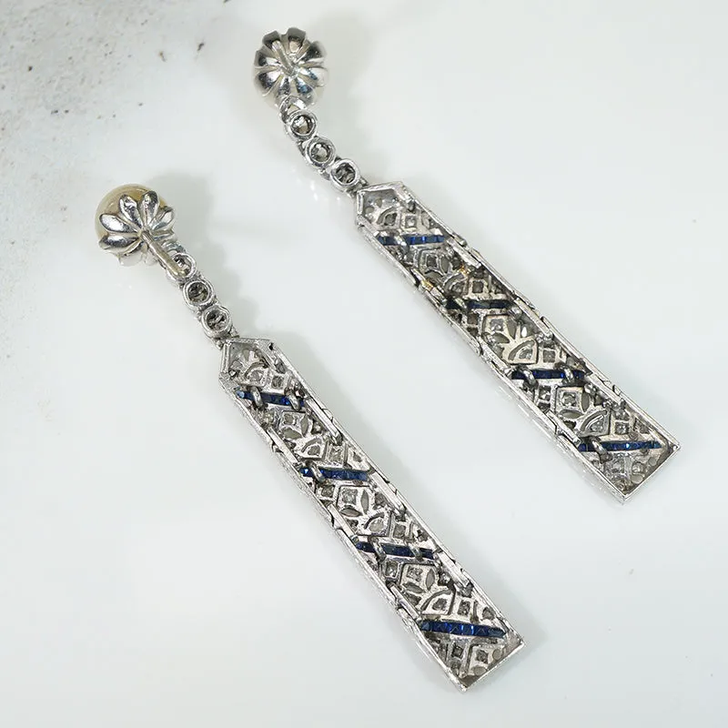 Splendid Deco Platinum Earrings with Pearl, Diamond & Sapphire