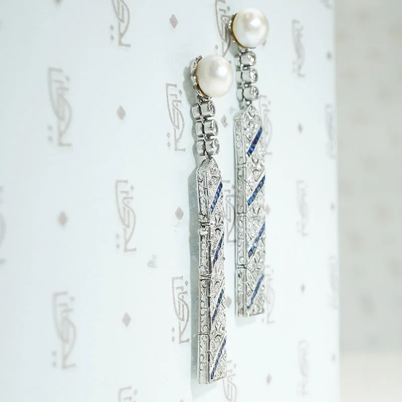 Splendid Deco Platinum Earrings with Pearl, Diamond & Sapphire