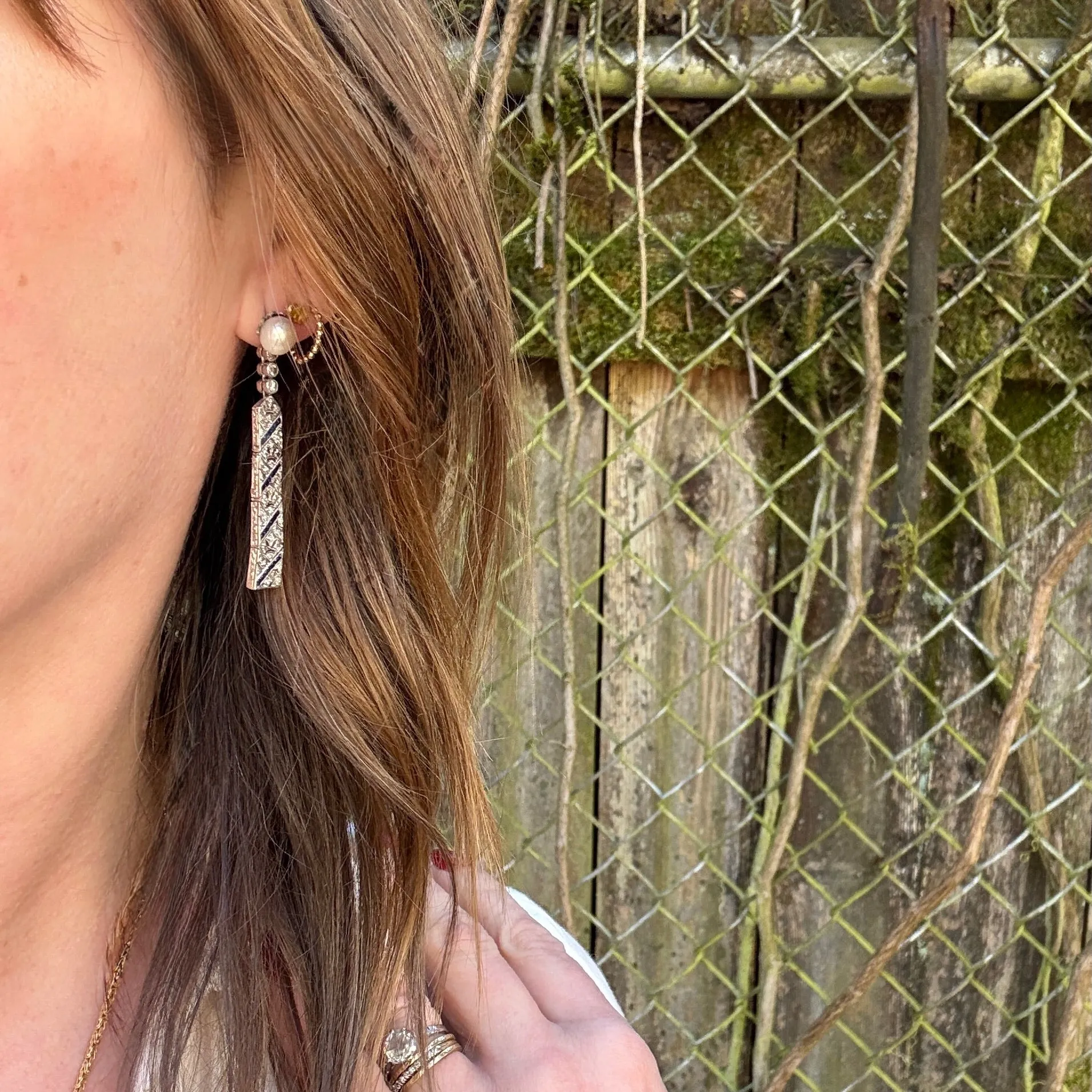 Splendid Deco Platinum Earrings with Pearl, Diamond & Sapphire