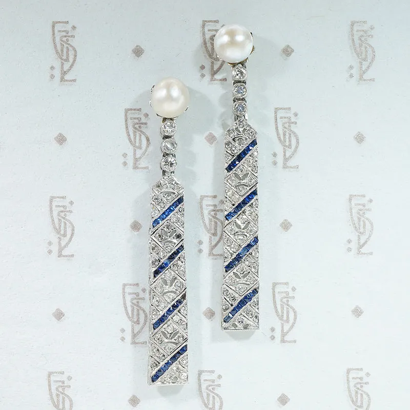 Splendid Deco Platinum Earrings with Pearl, Diamond & Sapphire