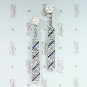 Splendid Deco Platinum Earrings with Pearl, Diamond & Sapphire