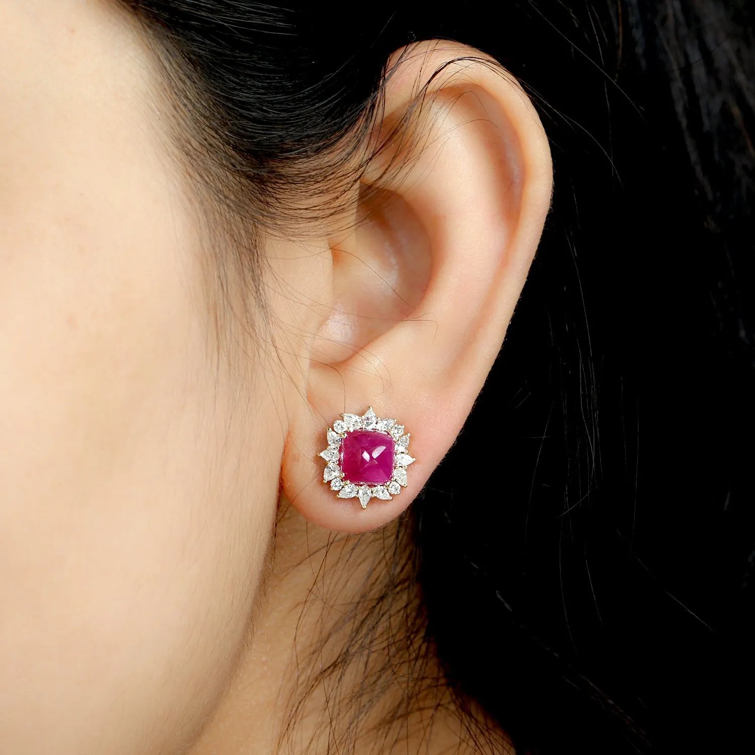 Square Pyramid Ruby Prong Rose Cut Diamond Beautiful Stud In 18K Yellow Gold