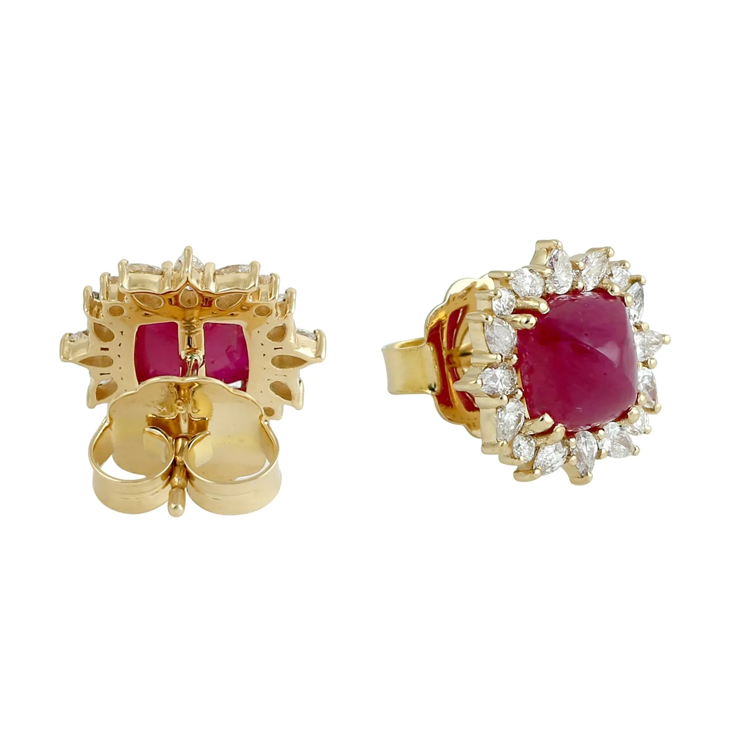 Square Pyramid Ruby Prong Rose Cut Diamond Beautiful Stud In 18K Yellow Gold