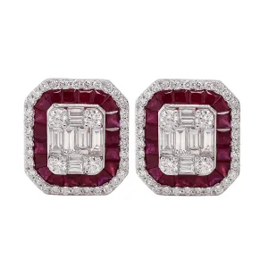 Square Ruby Channel Set Baguette Diamond Stud Earrings In White Gold