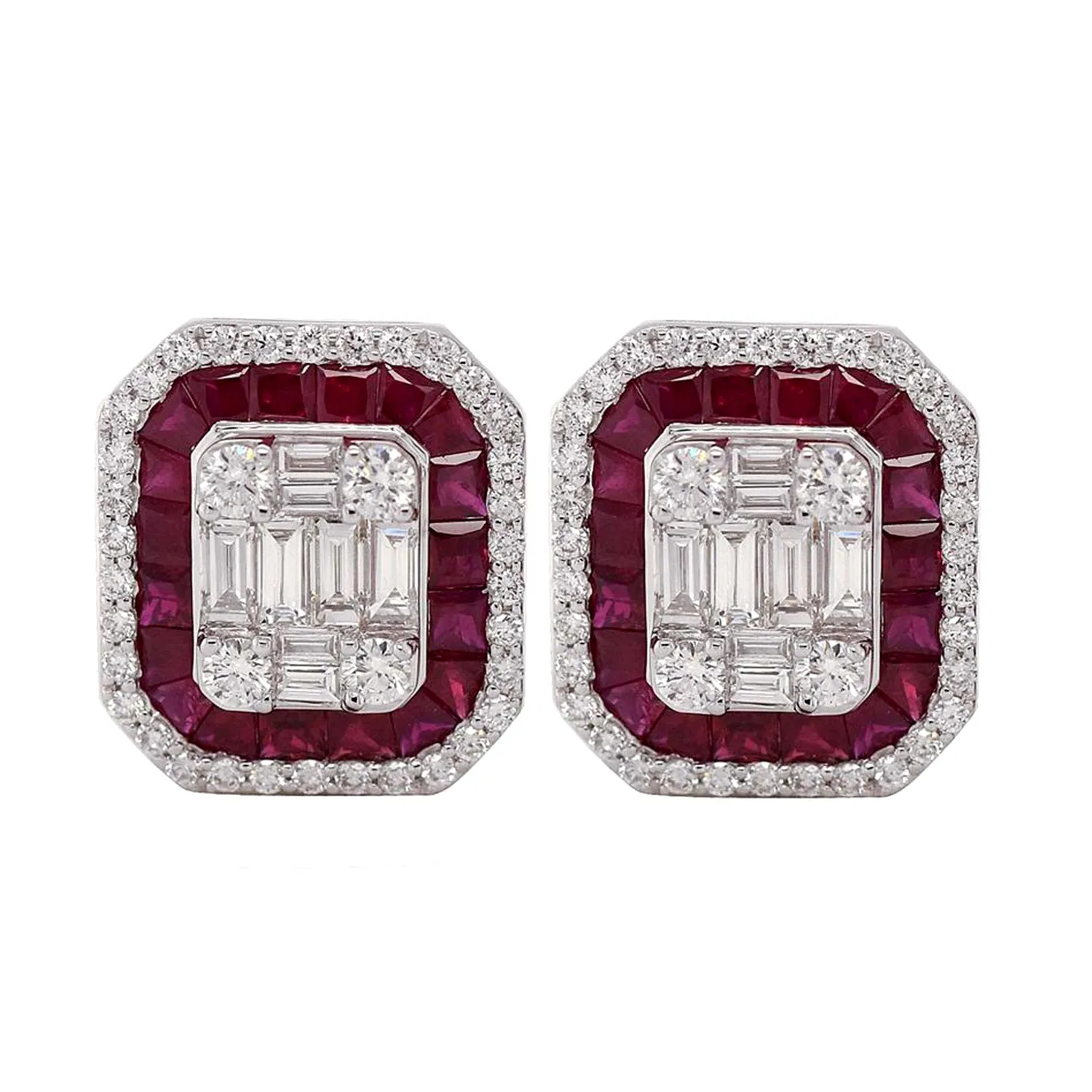 Square Ruby Channel Set Baguette Diamond Stud Earrings In White Gold