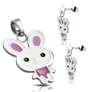 Stainless Steel Enameled Adorable Bunny Rabbit Pendant Charm & Dangle Drop Earrings Set