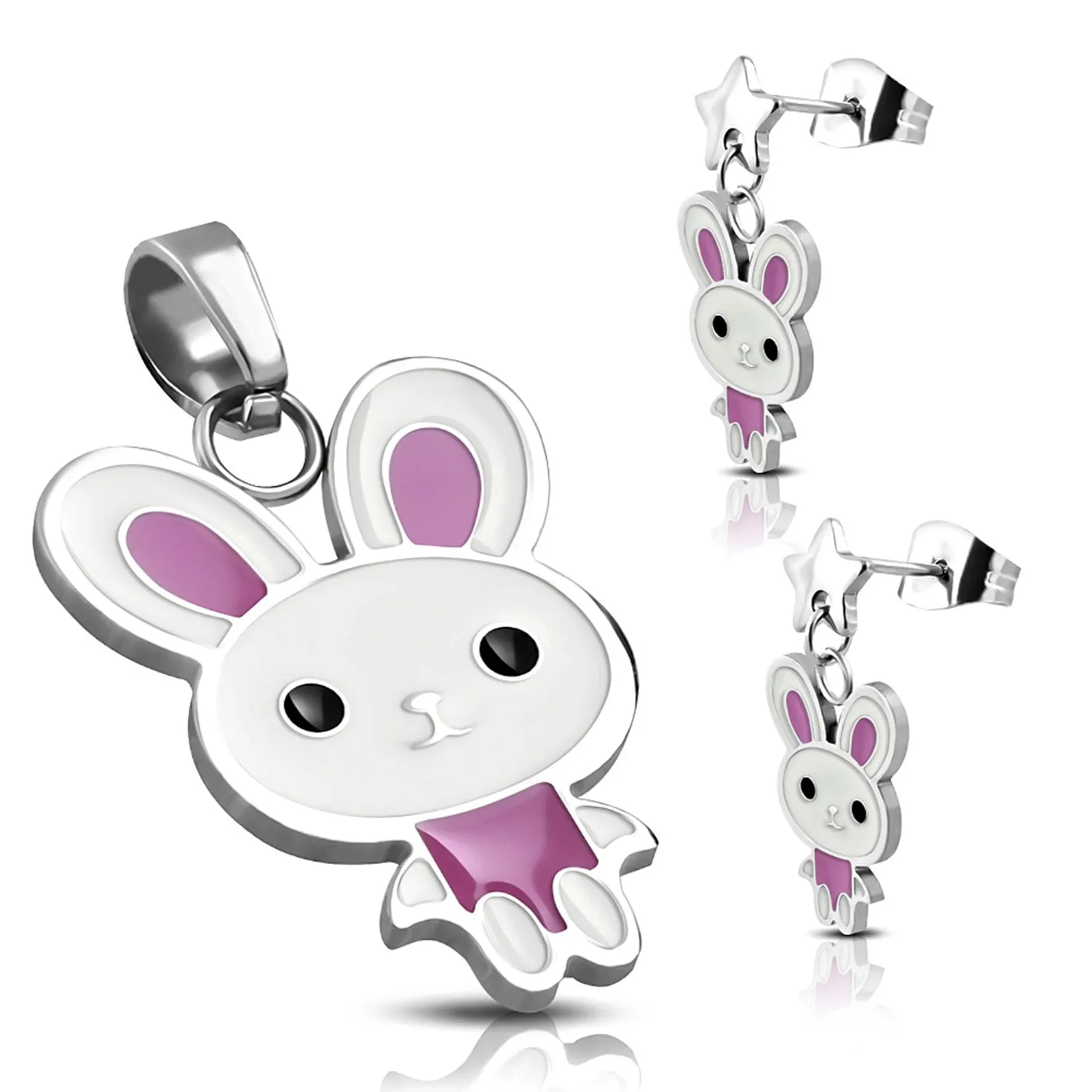 Stainless Steel Enameled Adorable Bunny Rabbit Pendant Charm & Dangle Drop Earrings Set