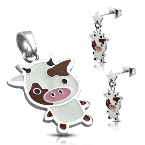 Stainless Steel Enameled Adorable Cow Pendant Charm & Dangle Drop Earrings Set