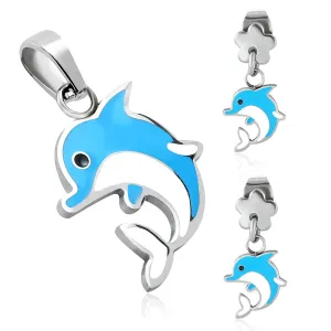Stainless Steel Enameled Adorable Dolphin Pendant Charm & Dangle Drop Earrings Set