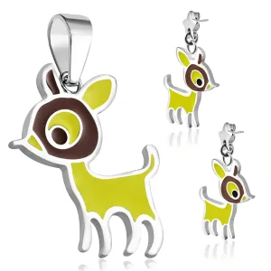 Stainless Steel Enameled Adorable Fawn Deer Pendant Charm & Dangle Drop Earrings Set