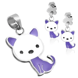 Stainless Steel Enameled Adorable Kitten Cat Pendant Charm & Dangle Drop Earrings Set