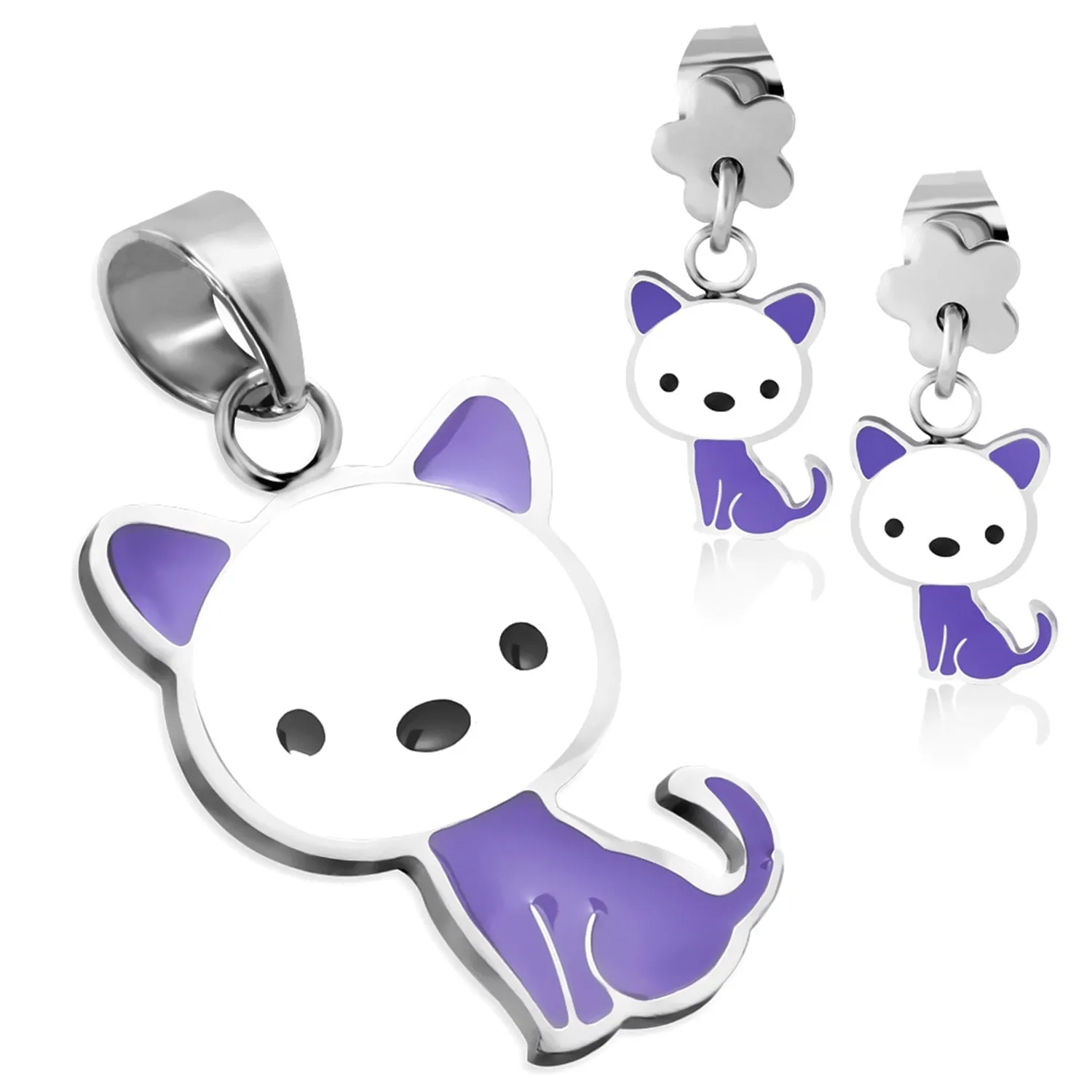 Stainless Steel Enameled Adorable Kitten Cat Pendant Charm & Dangle Drop Earrings Set