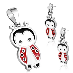 Stainless Steel Enameled Adorable Ladybug Pendant Charm & Dangle Drop Earrings Set