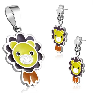 Stainless Steel Enameled Adorable Lion Cub Pendant Charm & Dangle Drop Earrings Set