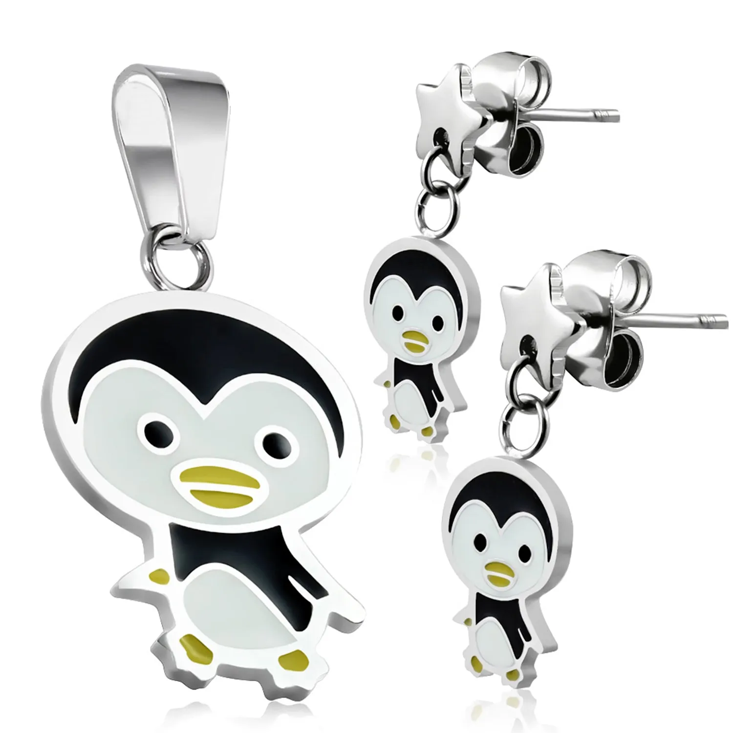 Stainless Steel Enameled Adorable Penguin Pendant Charm & Dangle Drop Earrings Set