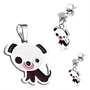 Stainless Steel Enameled Adorable Puppy Dog Pendant Charm & Dangle Drop Earrings Set