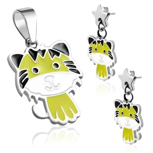 Stainless Steel Enameled Adorable Tiger Cub Pendant Charm & Dangle Drop Earrings Set