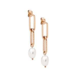 Stainless steel paperclip earrings w/ freshwater pearl & rose gold IP plating