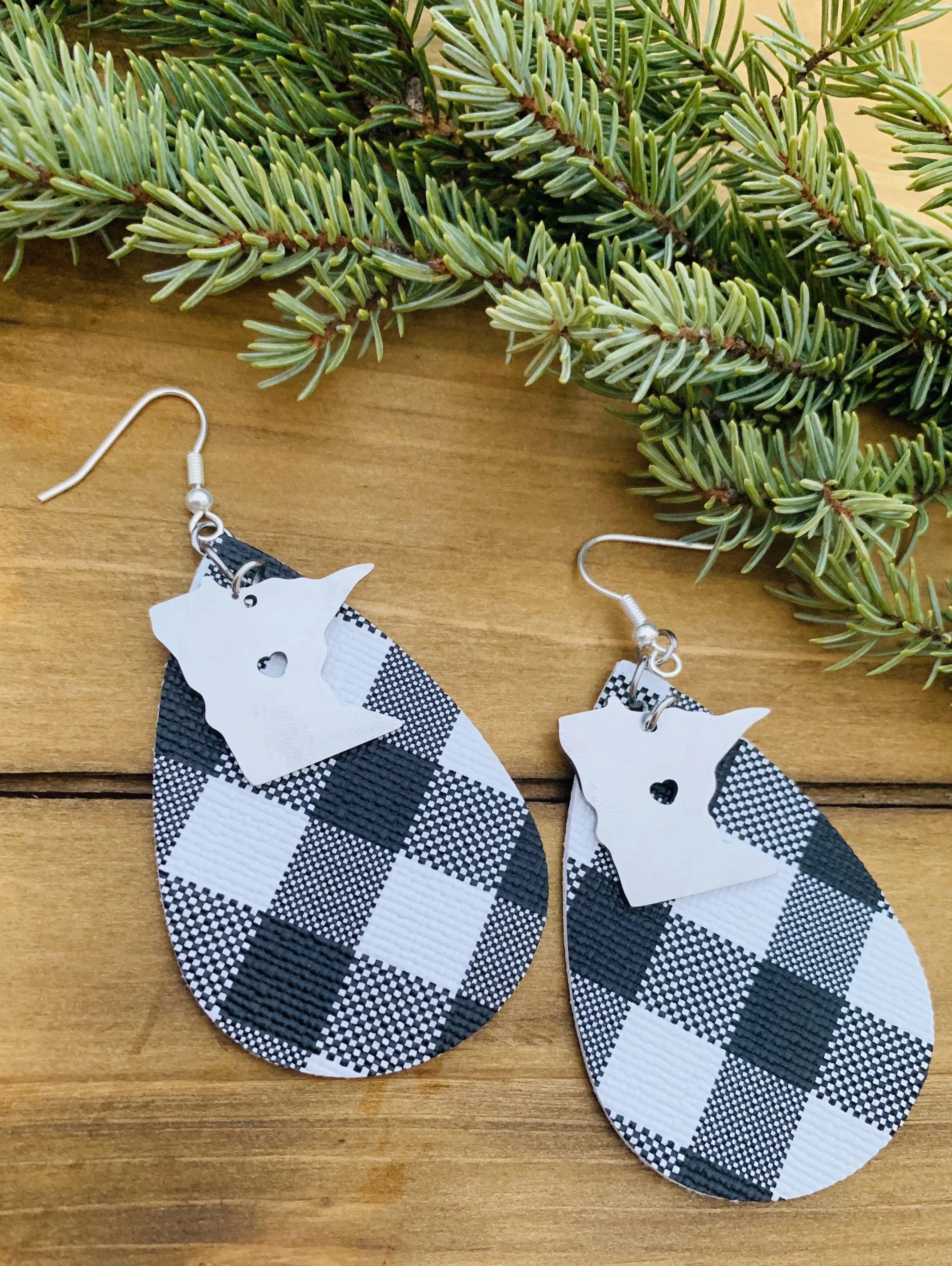 State earrings | Buffalo plaid-Sterling silver charm | Any state | Handmade in Minnesota | Leather teardrops with fish hooks